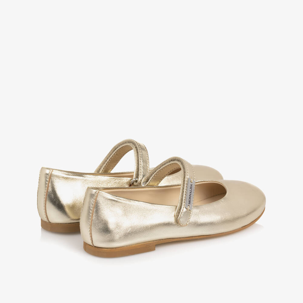 Monnalisa-Girls Metallic Gold Leather Ballerina Pumps | Childrensalon Outlet