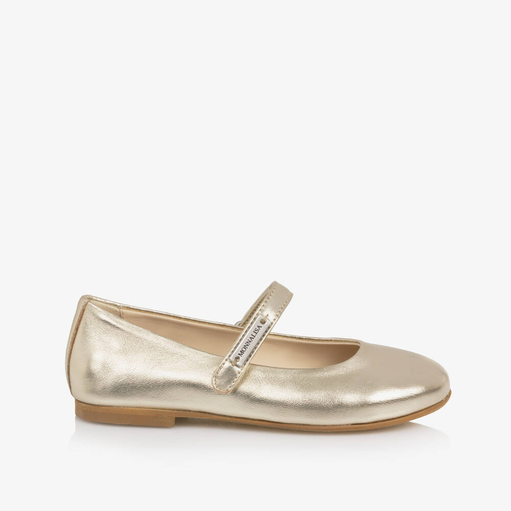 Monnalisa-Girls Metallic Gold Leather Ballerina Pumps | Childrensalon Outlet