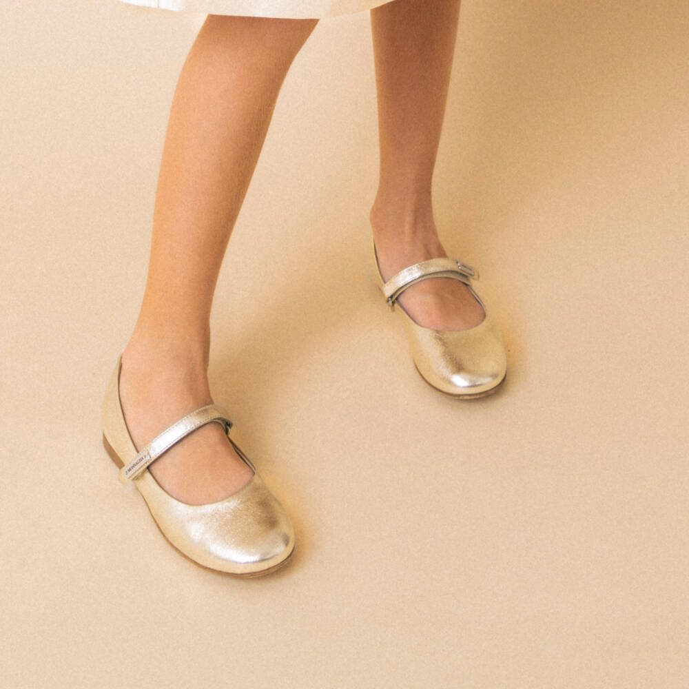 Monnalisa-Girls Metallic Gold Leather Ballerina Pumps | Childrensalon Outlet