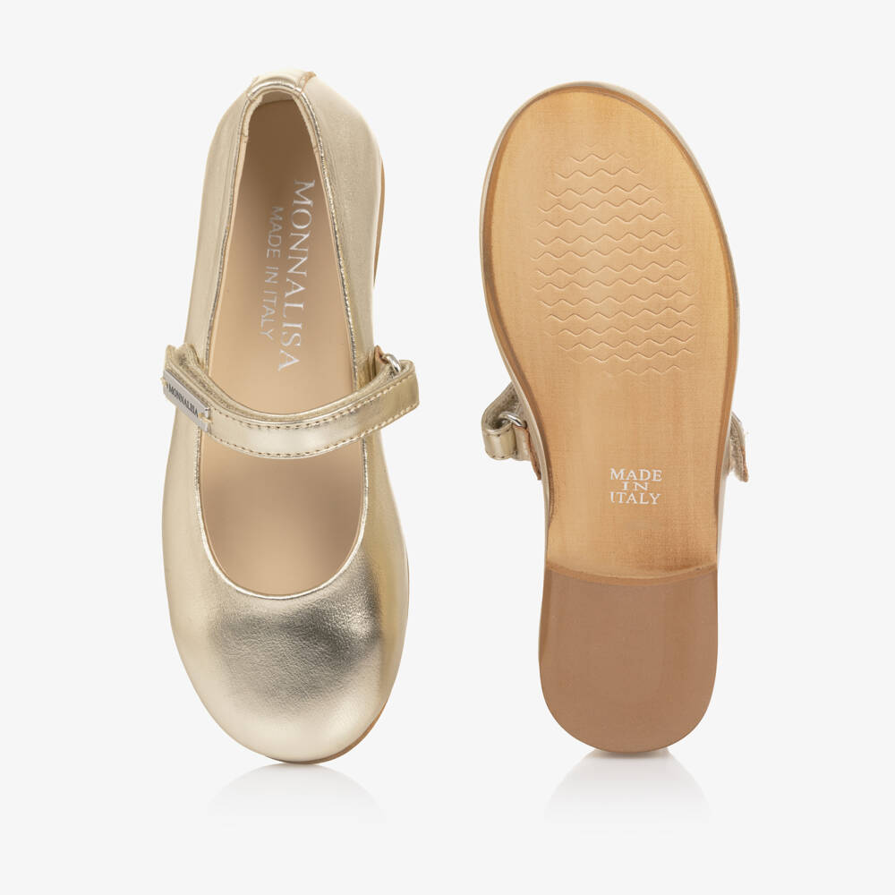 Monnalisa-Girls Metallic Gold Leather Ballerina Pumps | Childrensalon Outlet