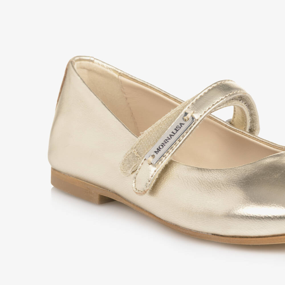 Monnalisa-Girls Metallic Gold Leather Ballerina Pumps | Childrensalon Outlet