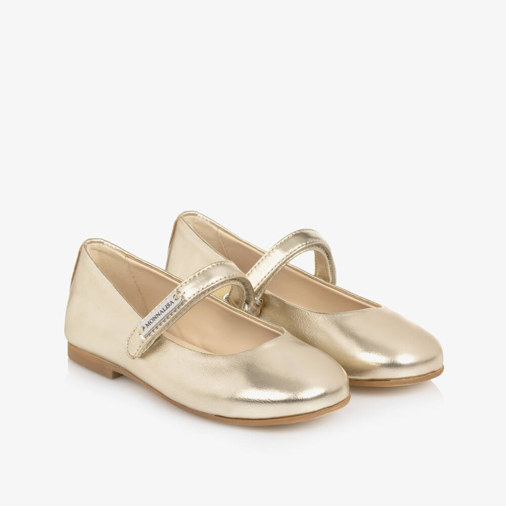 Monnalisa-Girls Metallic Gold Leather Ballerina Pumps | Childrensalon Outlet