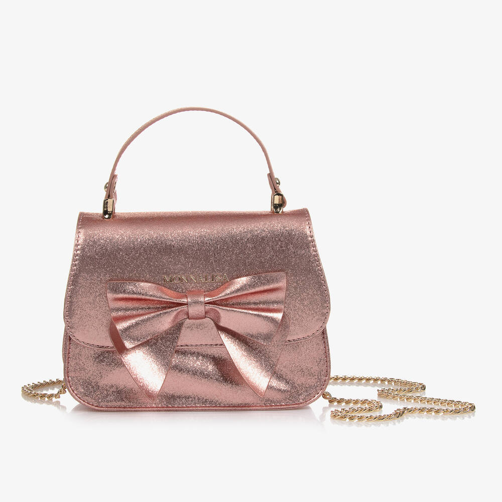 Monnalisa Girls Metallic Pink Bow Handbag 19cm Childrensalon Outlet