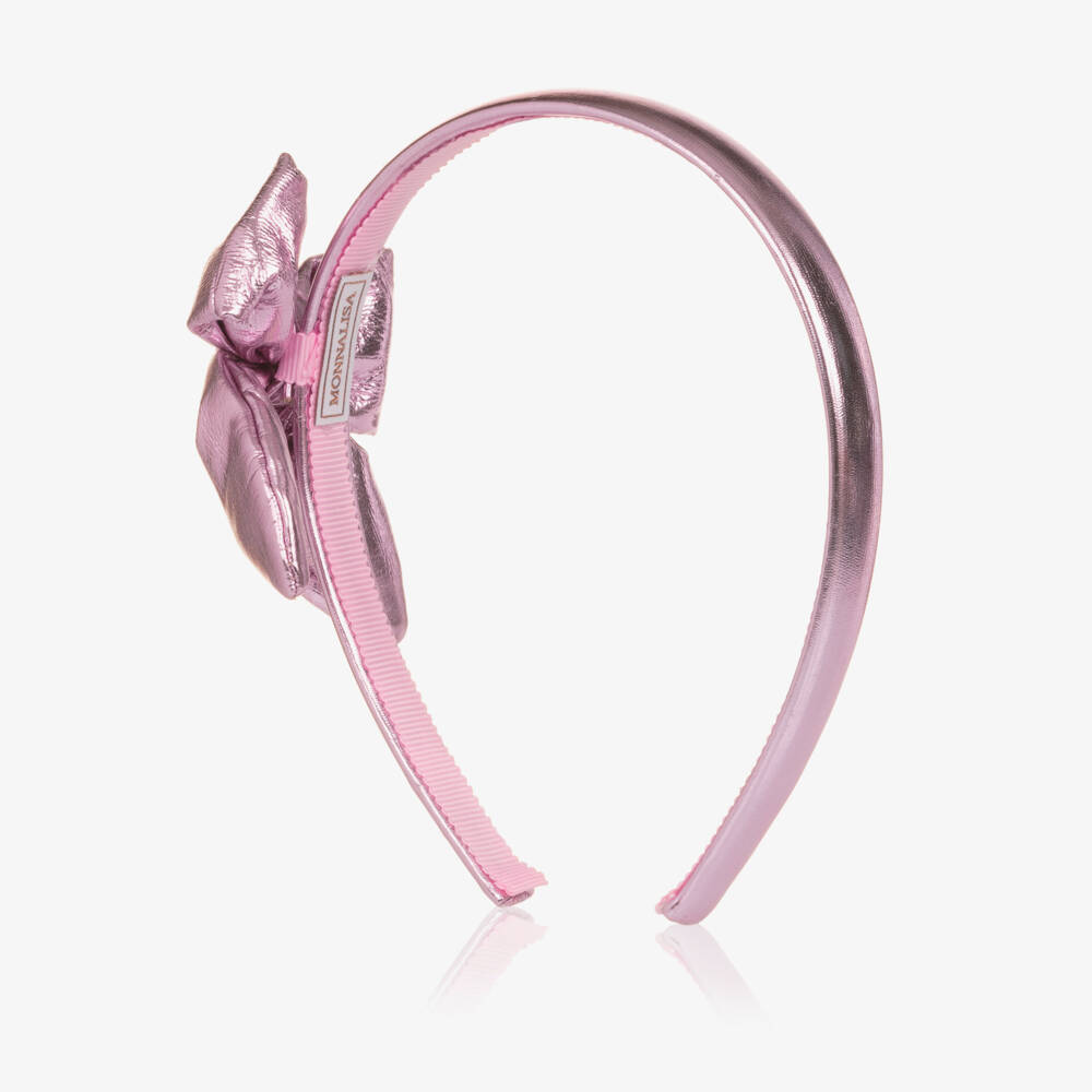 Monnalisa-Girls Metallic Pink Faux Leather Bow Hairband | Childrensalon Outlet