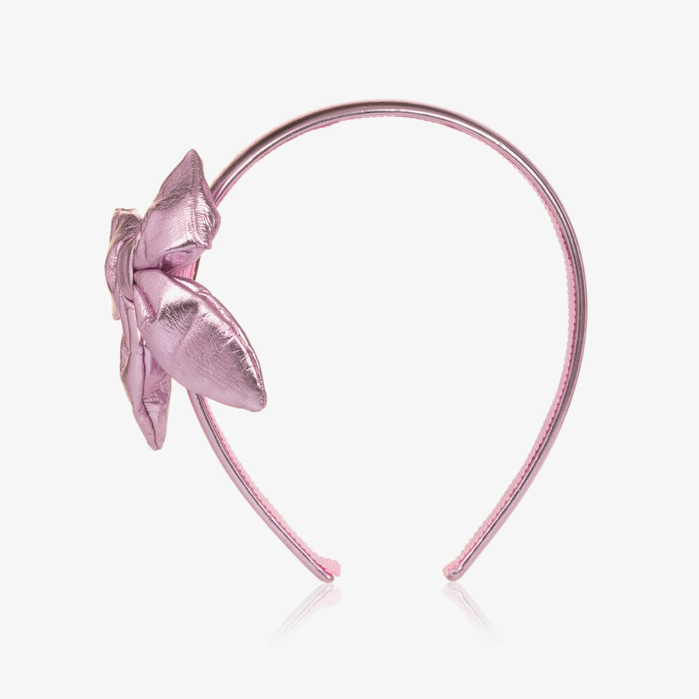 Monnalisa-Girls Metallic Pink Faux Leather Bow Hairband | Childrensalon Outlet