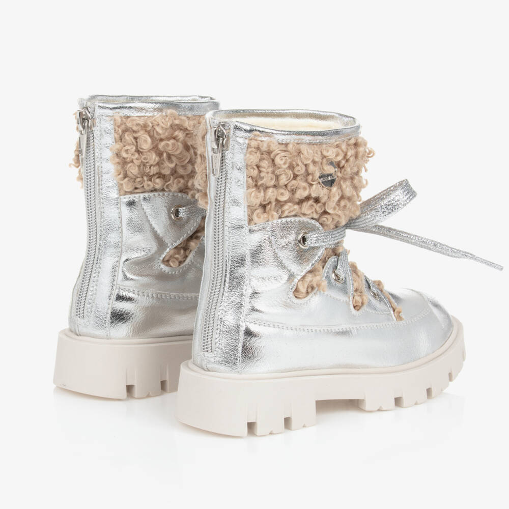 Monnalisa-Girls Metallic Silver Lace-Up Booties | Childrensalon Outlet