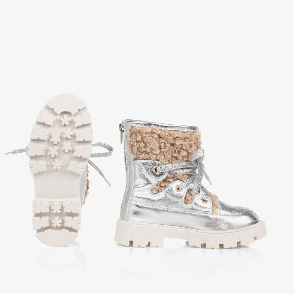 Monnalisa-Girls Metallic Silver Lace-Up Booties | Childrensalon Outlet