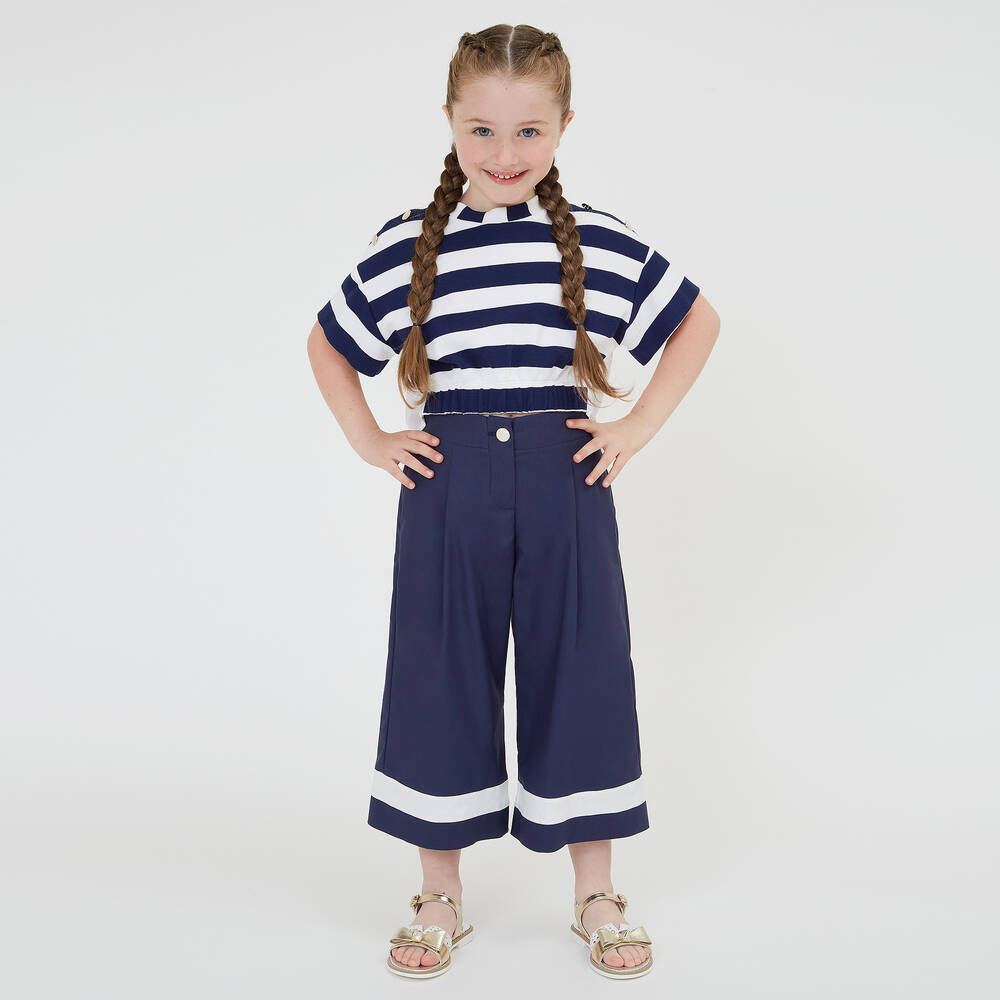 Monnalisa-بنطلون بأرجل واسعة قطن تويل لون كحلي للبنات | Childrensalon Outlet