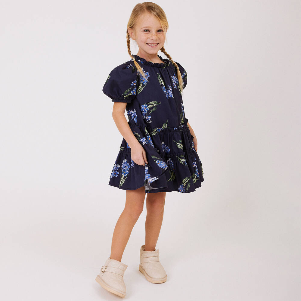 Monnalisa-Girls Navy Blue Floral Cotton Dress | Childrensalon Outlet