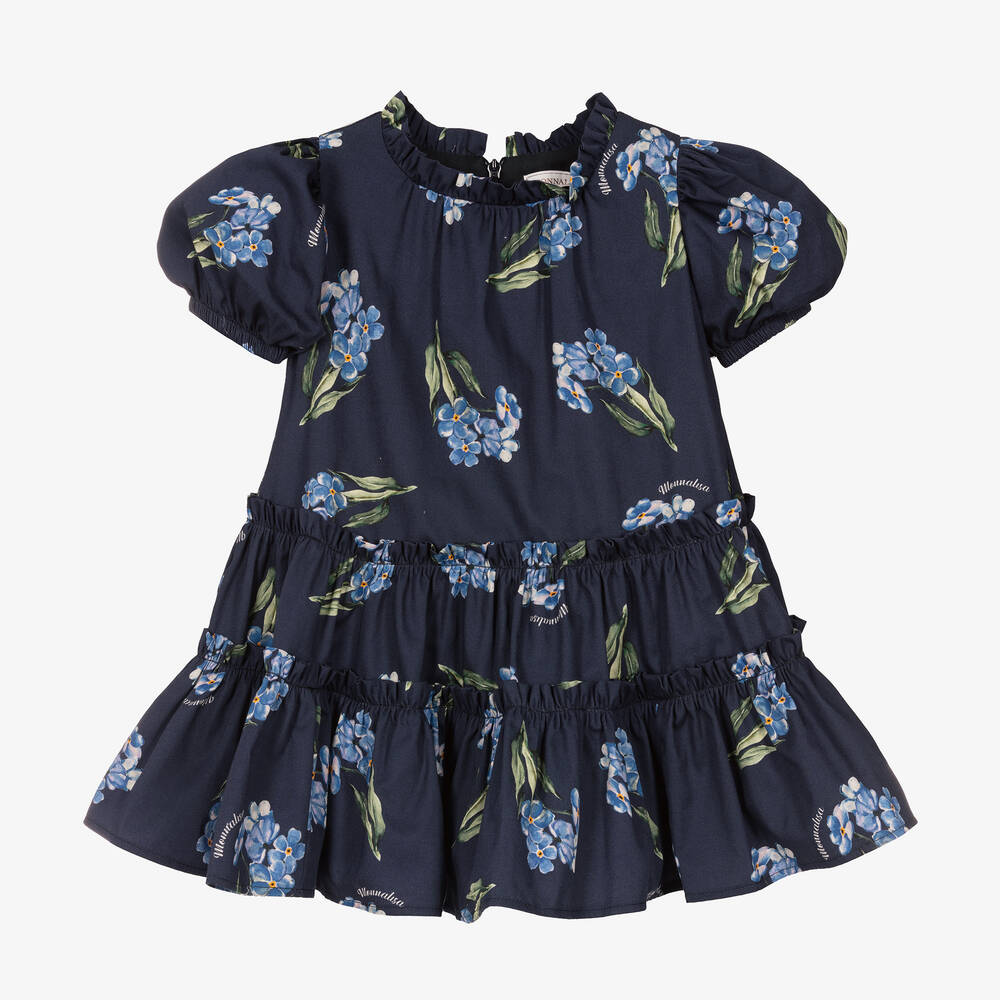 Monnalisa - Girls Navy Blue Floral Cotton Dress | Childrensalon