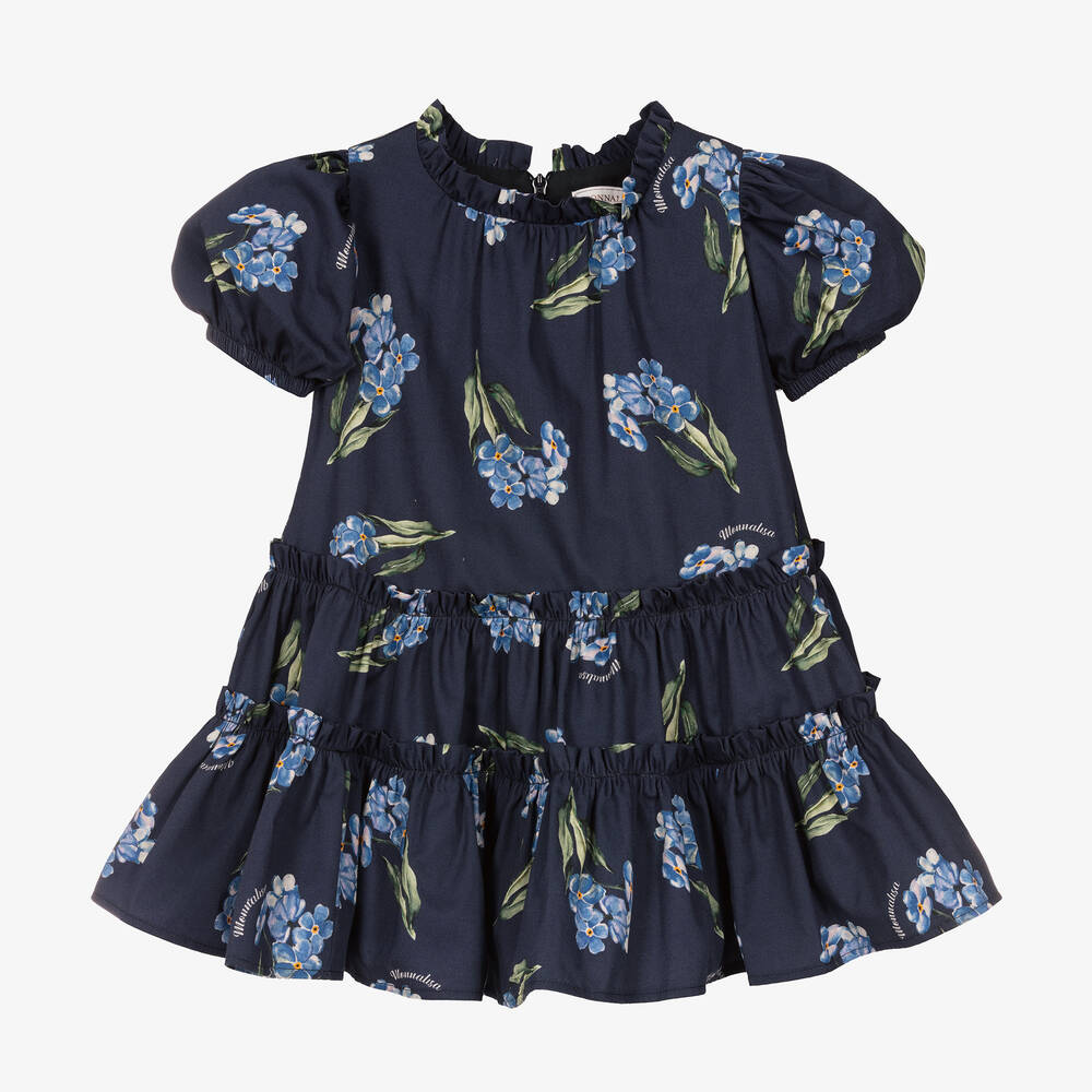 Monnalisa-Girls Navy Blue Floral Cotton Dress | Childrensalon Outlet