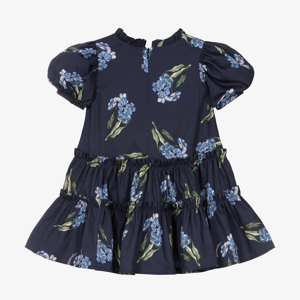 Monnalisa-Girls Navy Blue Floral Cotton Dress | Childrensalon Outlet