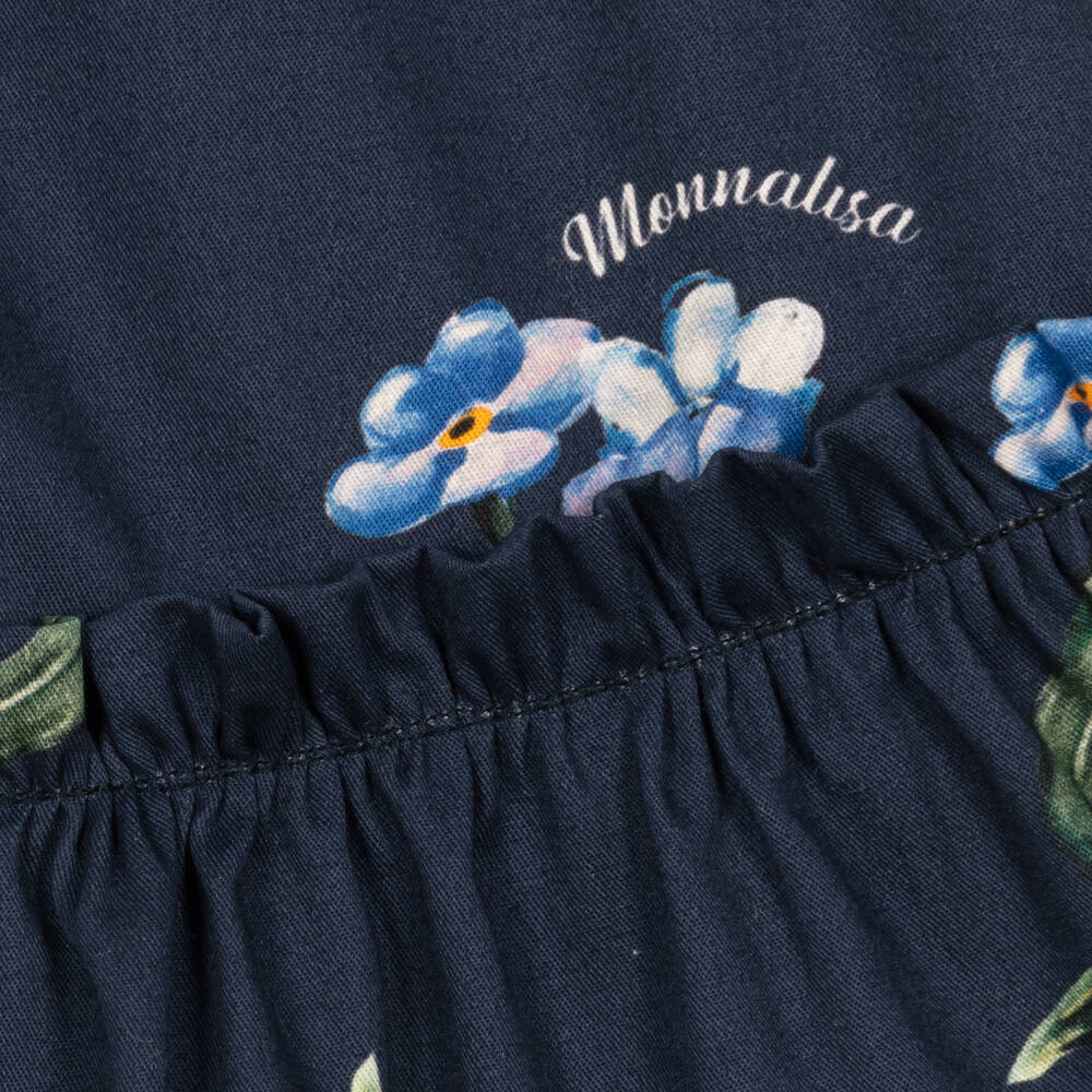Monnalisa-Girls Navy Blue Floral Cotton Dress | Childrensalon Outlet