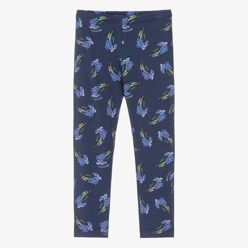 Monnalisa - Girls Navy Blue Floral Cotton Leggings | Childrensalon