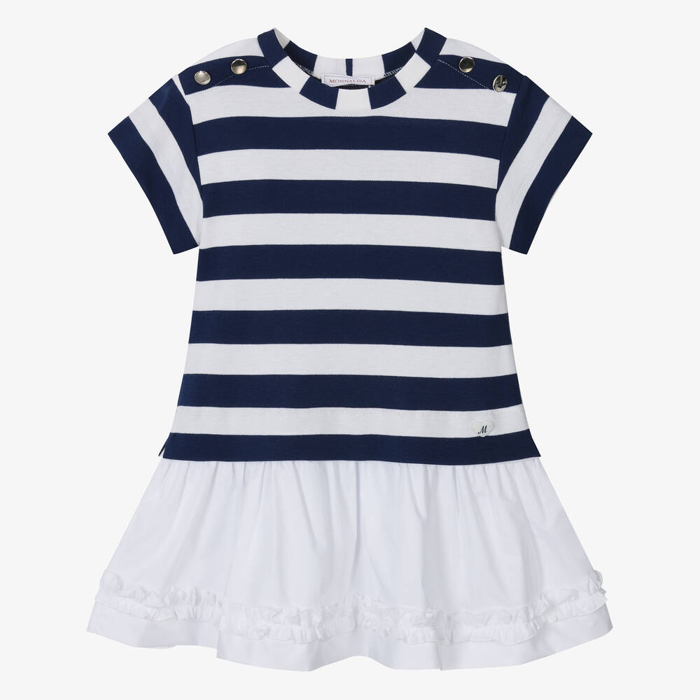 Monnalisa-Girls Navy Blue & Ivory Stripe Dress | Childrensalon Outlet