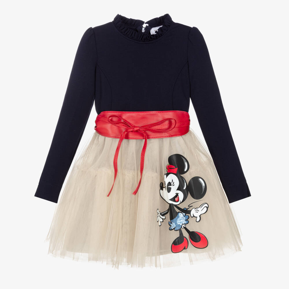 Monnalisa-Girls Navy Blue Jersey & Beige Tulle Disney Dress | Childrensalon Outlet