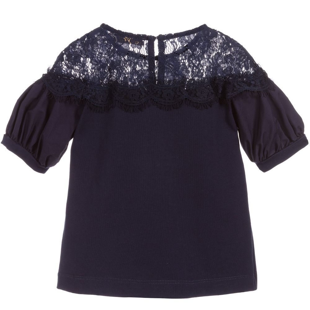 Monnalisa Chic-بلوز قطن ودانتيل لون كحلي للبنات | Childrensalon Outlet