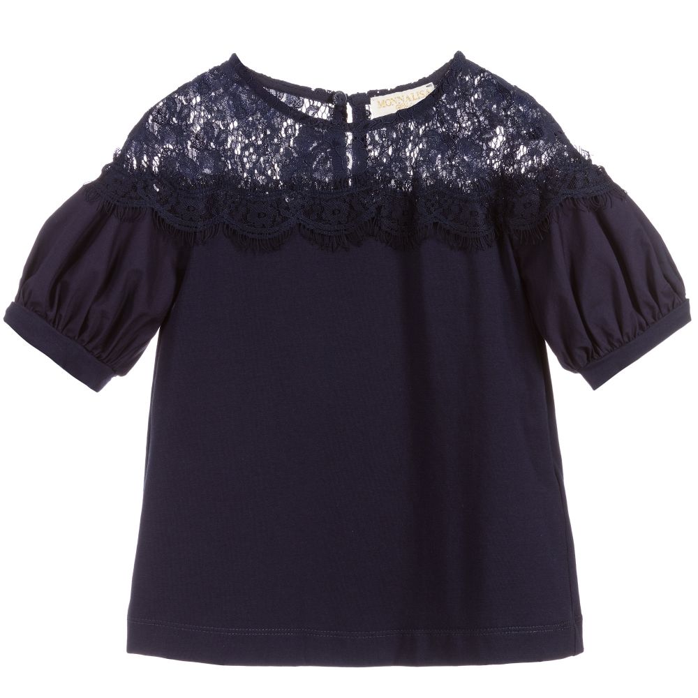 Monnalisa Chic - Girls Navy Blue Lace Blouse | Childrensalon