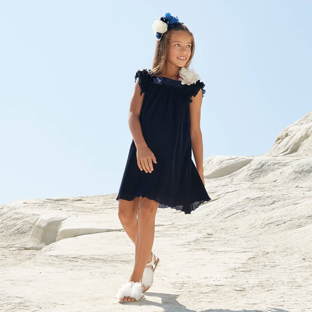 Monnalisa-Girls Navy Blue Pleated Dress | Childrensalon Outlet