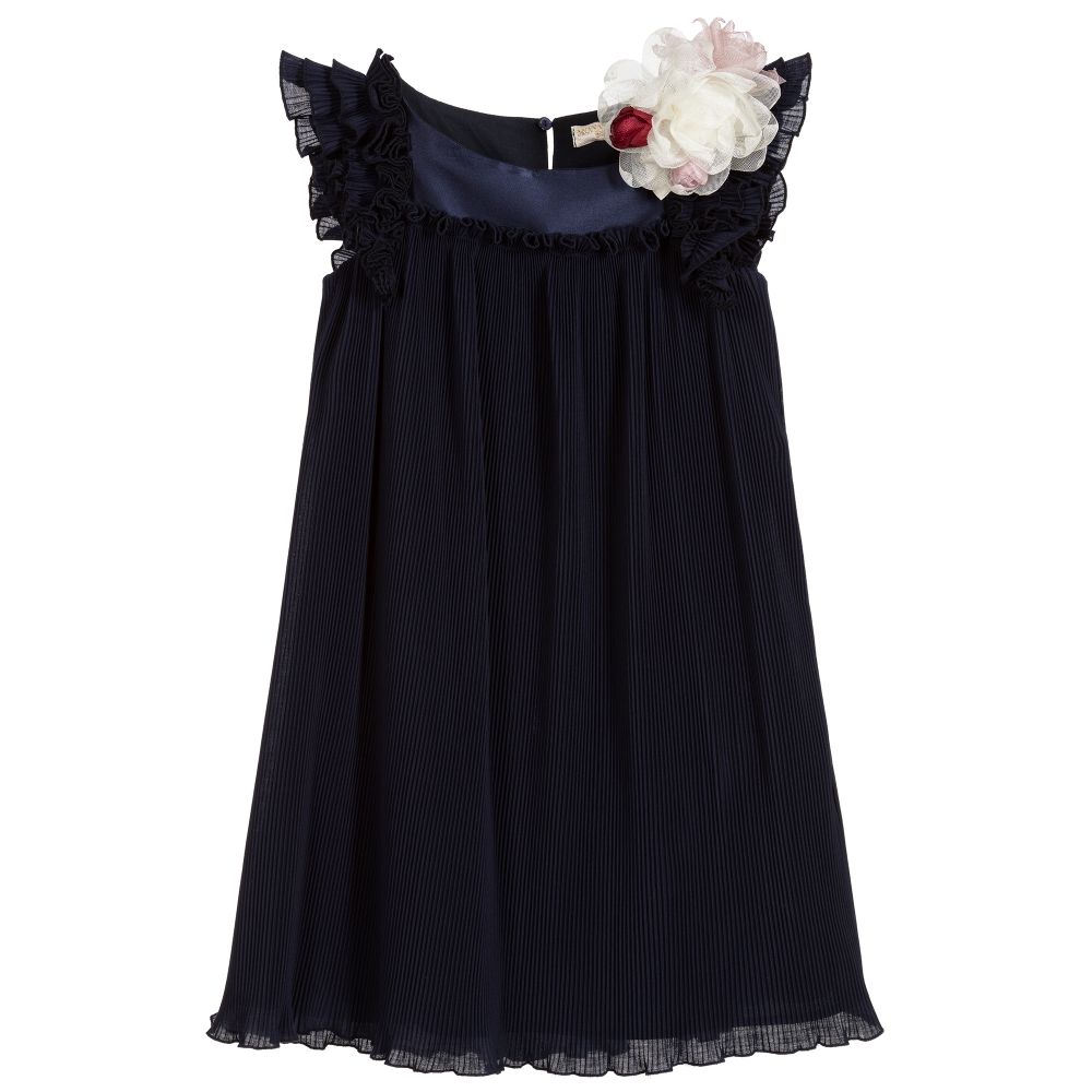 Monnalisa-Girls Navy Blue Pleated Dress | Childrensalon Outlet