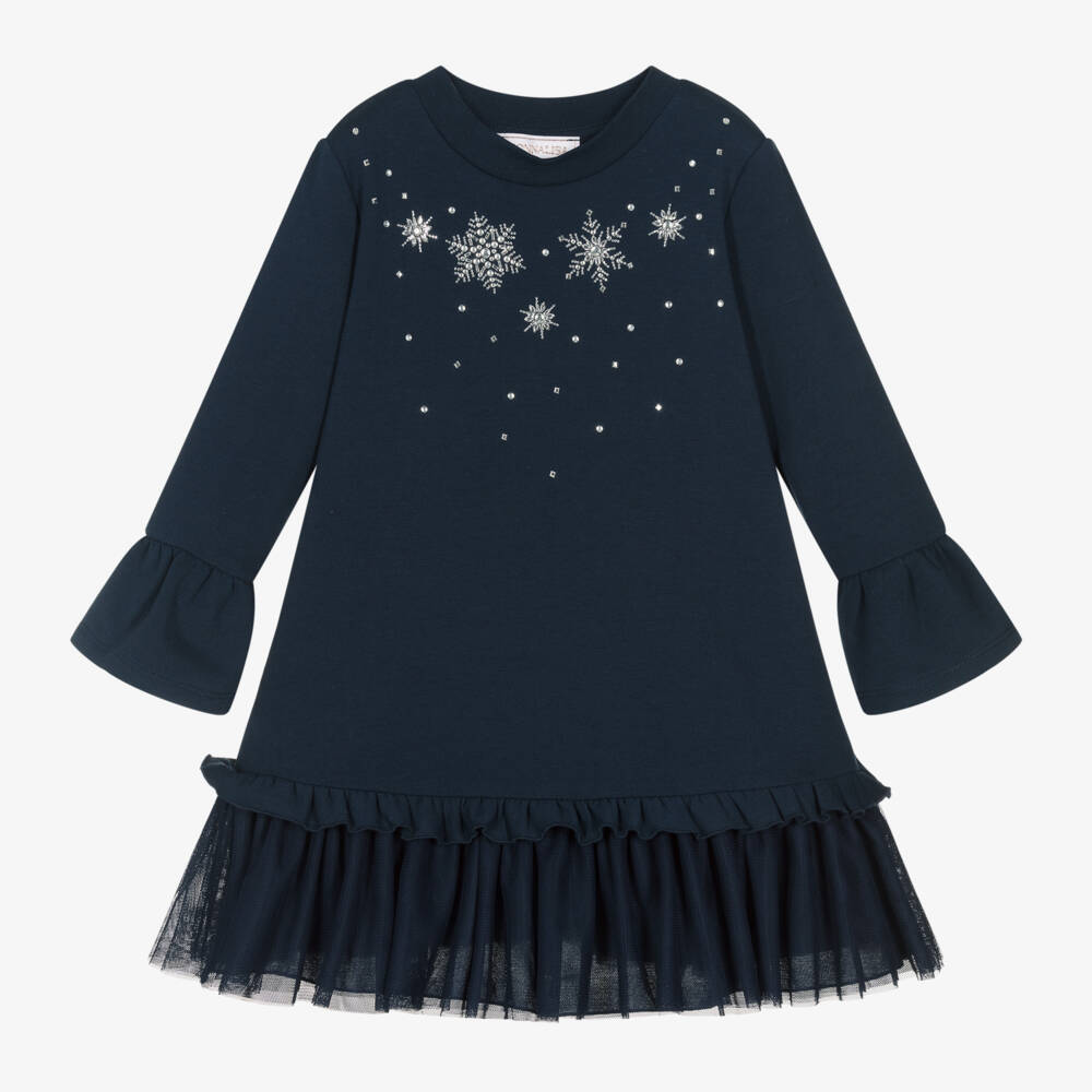 Monnalisa-Girls Navy Cotton Snowflake Dress | Childrensalon Outlet