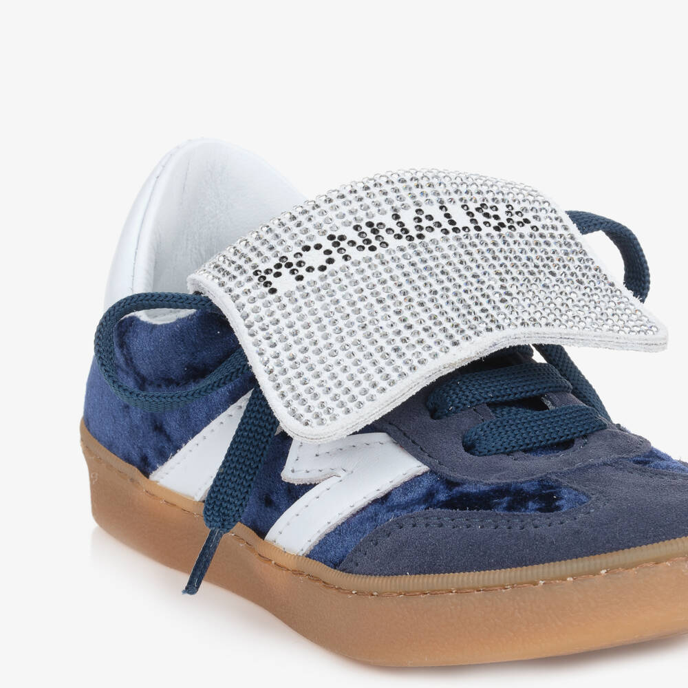 Monnalisa-Girls Navy Velvet & Leather Trainers | Childrensalon Outlet