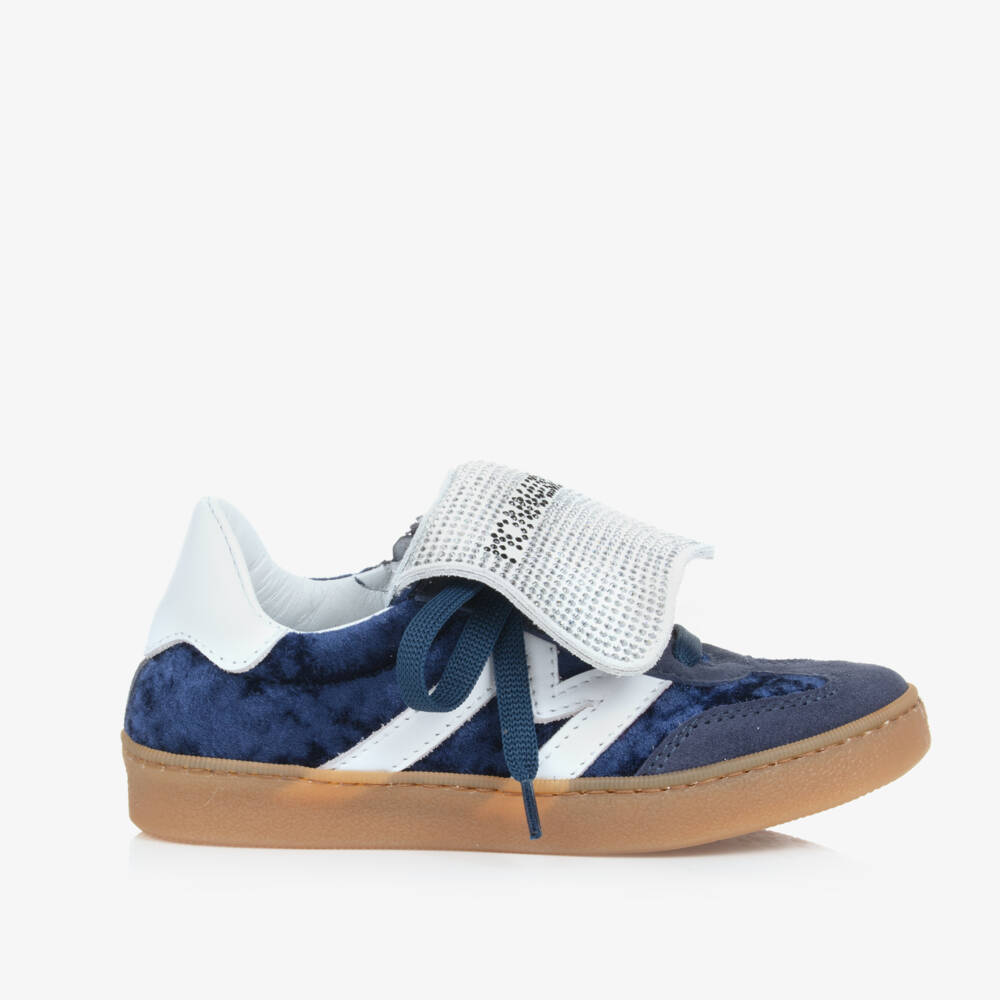 Monnalisa-Girls Navy Velvet & Leather Trainers | Childrensalon Outlet
