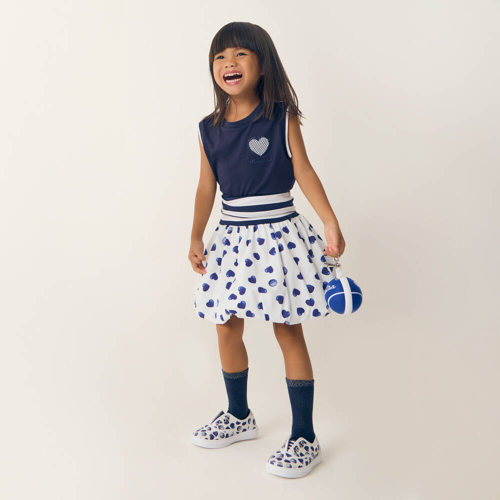 Monnalisa-تنورة بنات كحلية وبيضاء بنقشة القلوب | Childrensalon Outlet