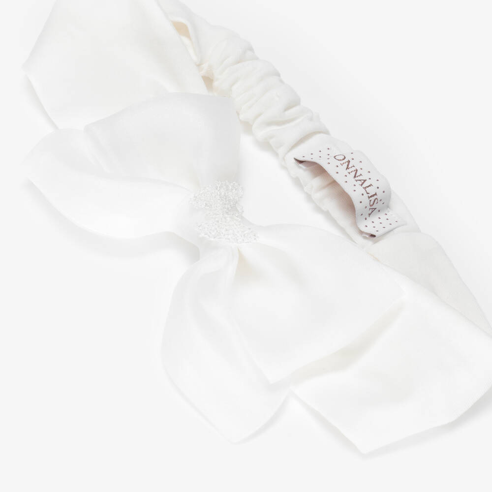 Monnalisa-Girls Off-White Cotton Headband with Organza Bow | Childrensalon Outlet