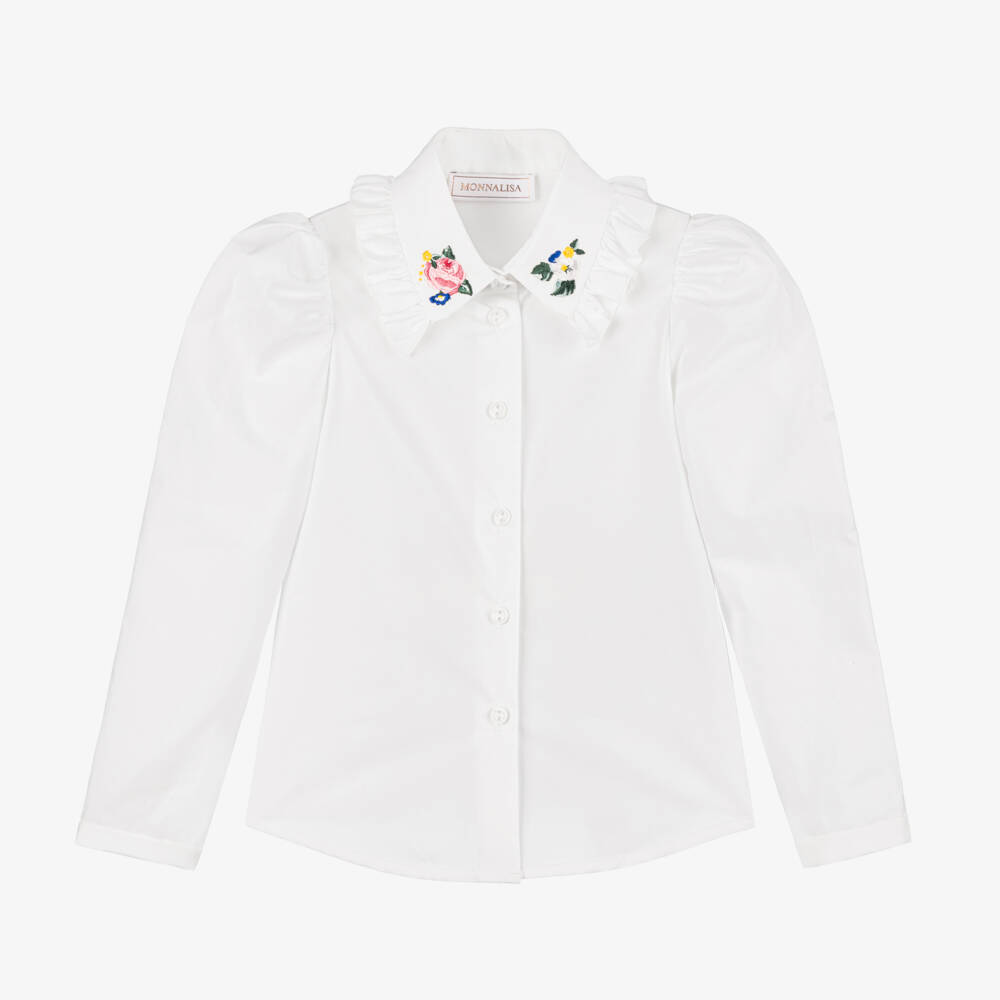 Monnalisa-Girls Off-White Floral Collar Blouse | Childrensalon Outlet