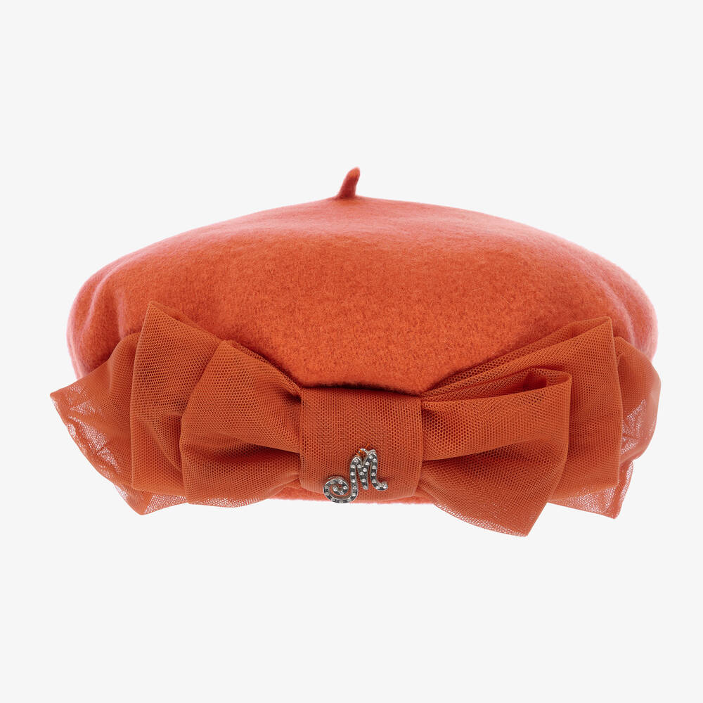 Monnalisa - Girls Orange Wool Bow Beret | Childrensalon