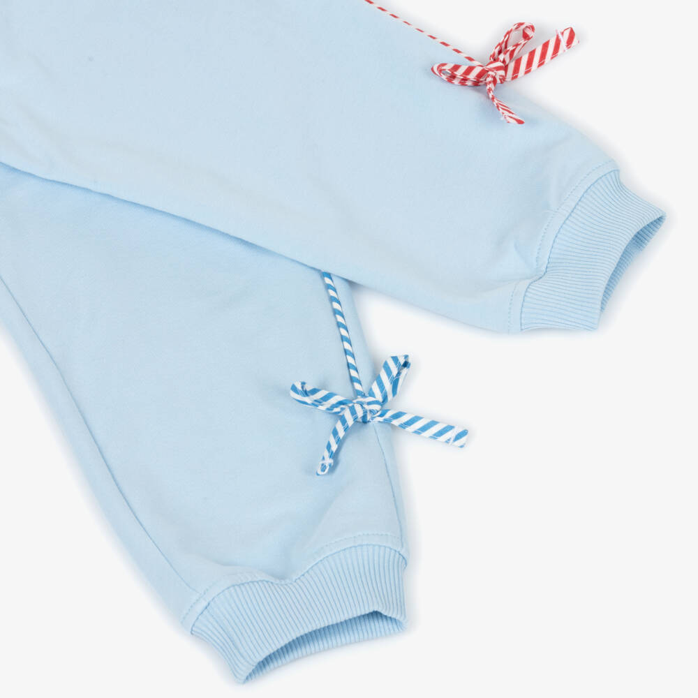 Monnalisa-Girls Pale Blue Cotton Joggers with Striped Piping | Childrensalon Outlet