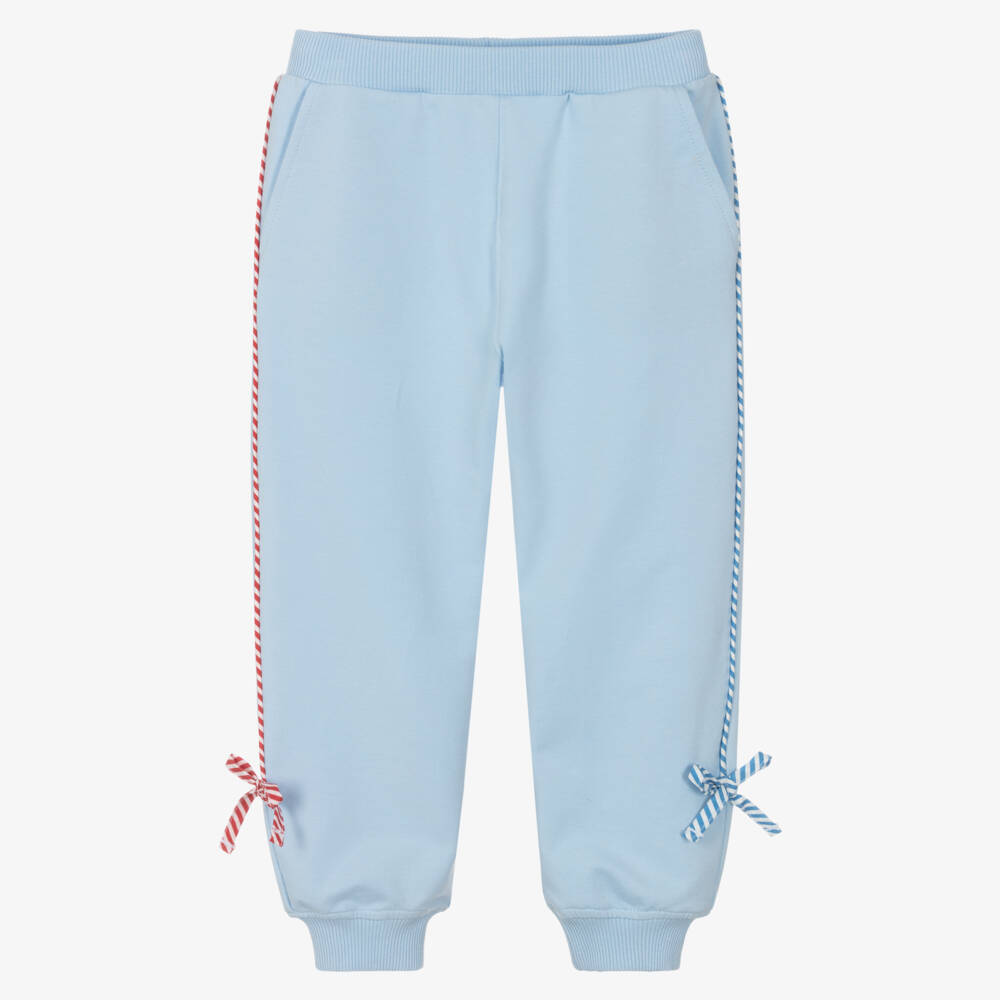 Monnalisa-Girls Pale Blue Cotton Joggers with Striped Piping | Childrensalon Outlet