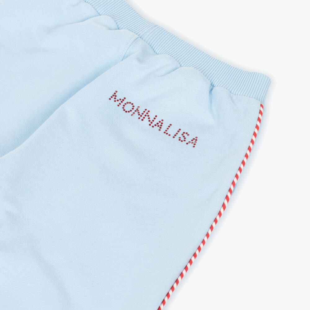 Monnalisa-Girls Pale Blue Cotton Joggers with Striped Piping | Childrensalon Outlet
