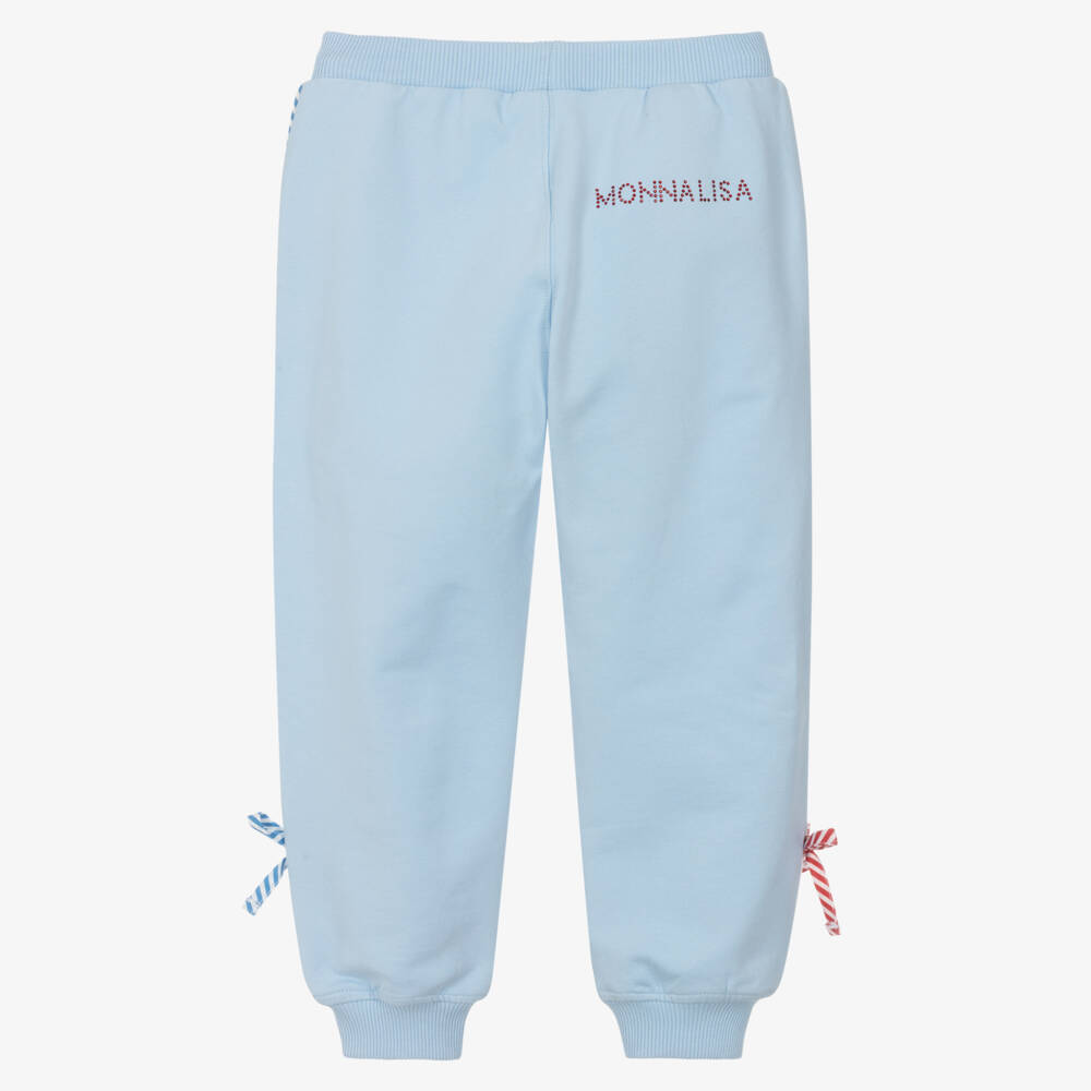 Monnalisa-Girls Pale Blue Cotton Joggers with Striped Piping | Childrensalon Outlet