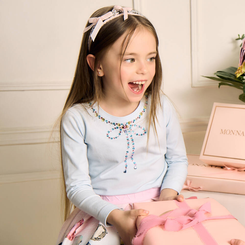 Monnalisa-تيشيرت أزرق فاتح للبنات مع فيونكة مرصعة بالجواهر | Childrensalon Outlet