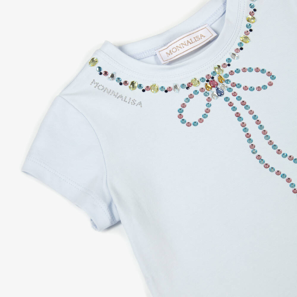 Monnalisa-تيشيرت أزرق فاتح للبنات مع فيونكة مرصعة بالجواهر | Childrensalon Outlet
