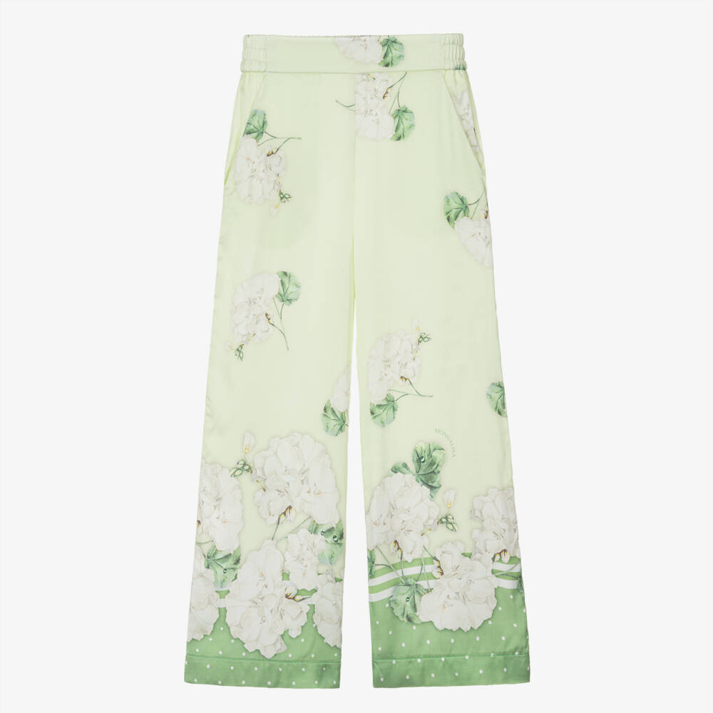 Monnalisa Chic-Girls Pale Green Satin Floral Print Wide-Leg Trousers | Childrensalon Outlet
