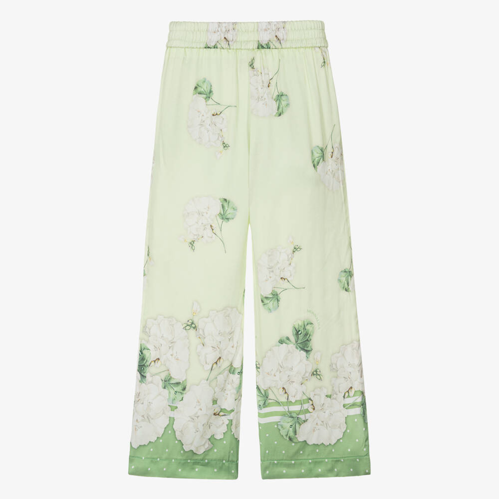Monnalisa Chic-Girls Pale Green Satin Floral Print Wide-Leg Trousers | Childrensalon Outlet