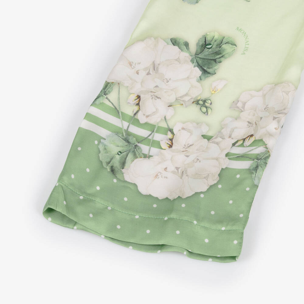 Monnalisa Chic-Girls Pale Green Satin Floral Print Wide-Leg Trousers | Childrensalon Outlet