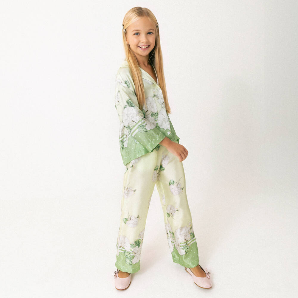 Monnalisa Chic-Girls Pale Green Satin Floral Print Wide-Leg Trousers | Childrensalon Outlet