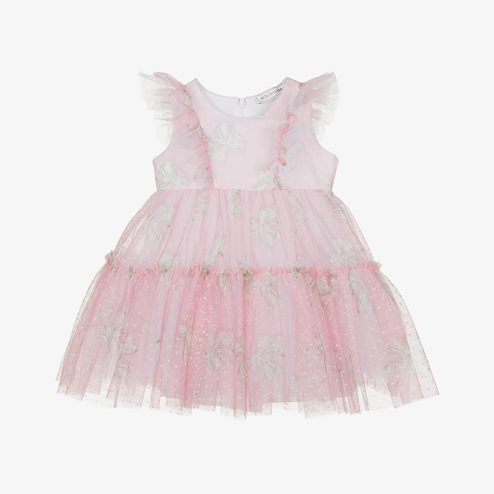Monnalisa - Girls Pale Pink Bow Print Tulle Dress | Childrensalon