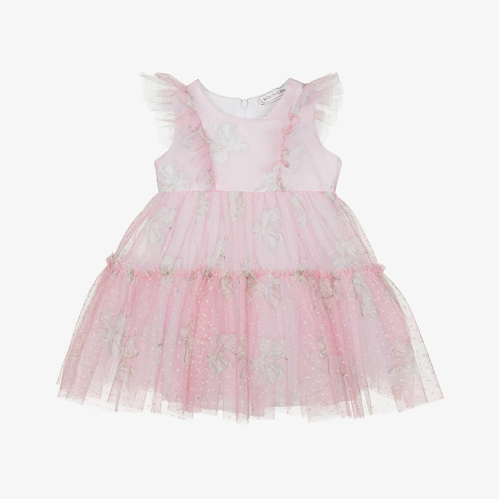 Monnalisa-Girls Pale Pink Bow Print Tulle Dress | Childrensalon Outlet