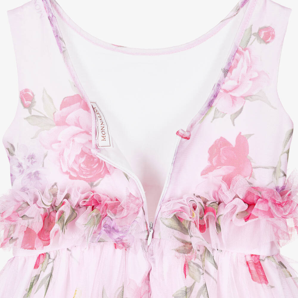 Monnalisa-Girls Pale Pink Tulle Floral Dress with Ruffles | Childrensalon Outlet