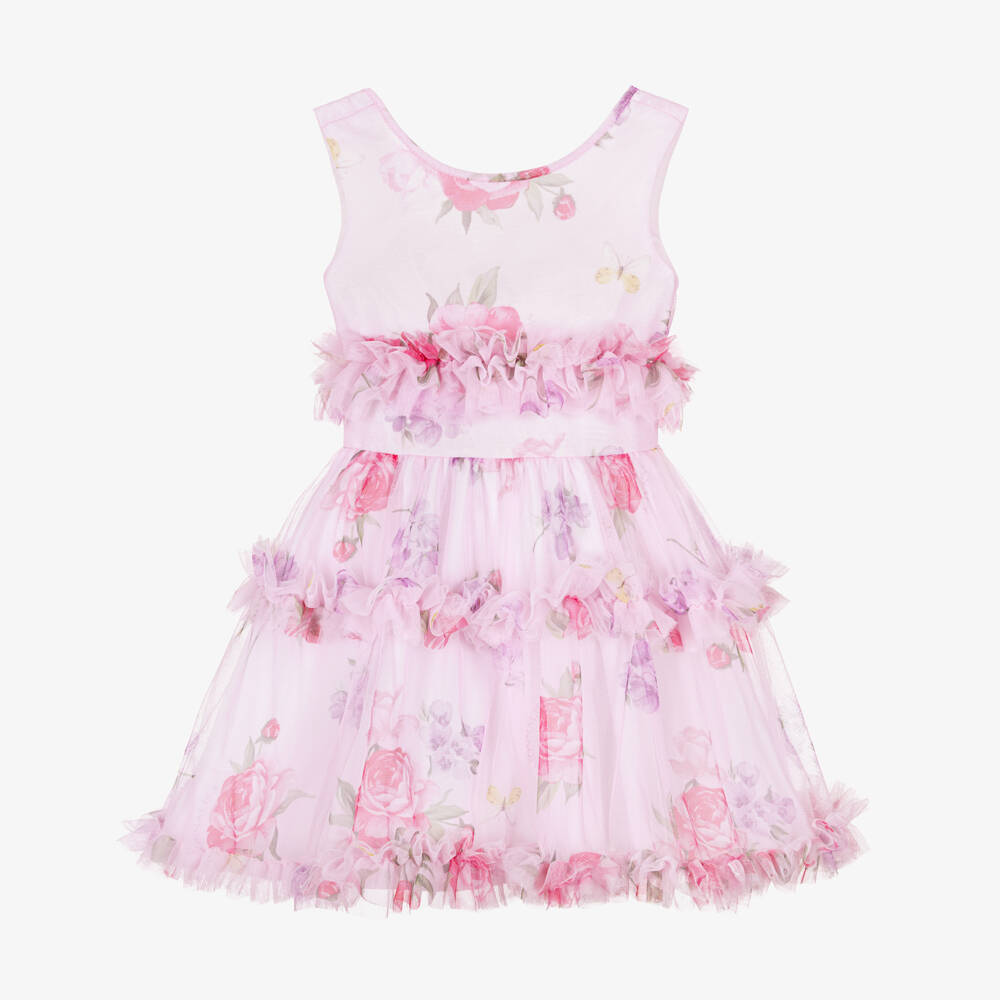 Monnalisa-Girls Pale Pink Tulle Floral Dress with Ruffles | Childrensalon Outlet