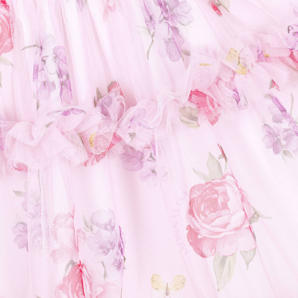 Monnalisa-Girls Pale Pink Tulle Floral Dress with Ruffles | Childrensalon Outlet