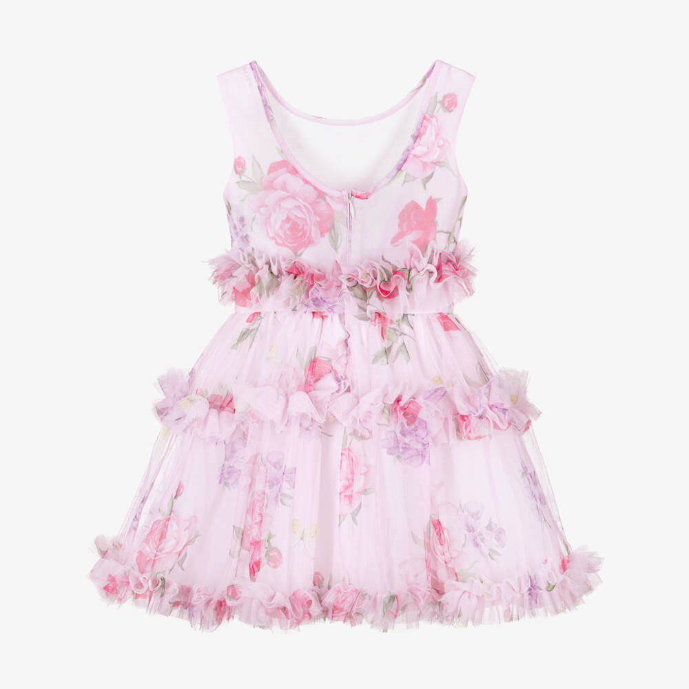 Monnalisa-Girls Pale Pink Tulle Floral Dress with Ruffles | Childrensalon Outlet