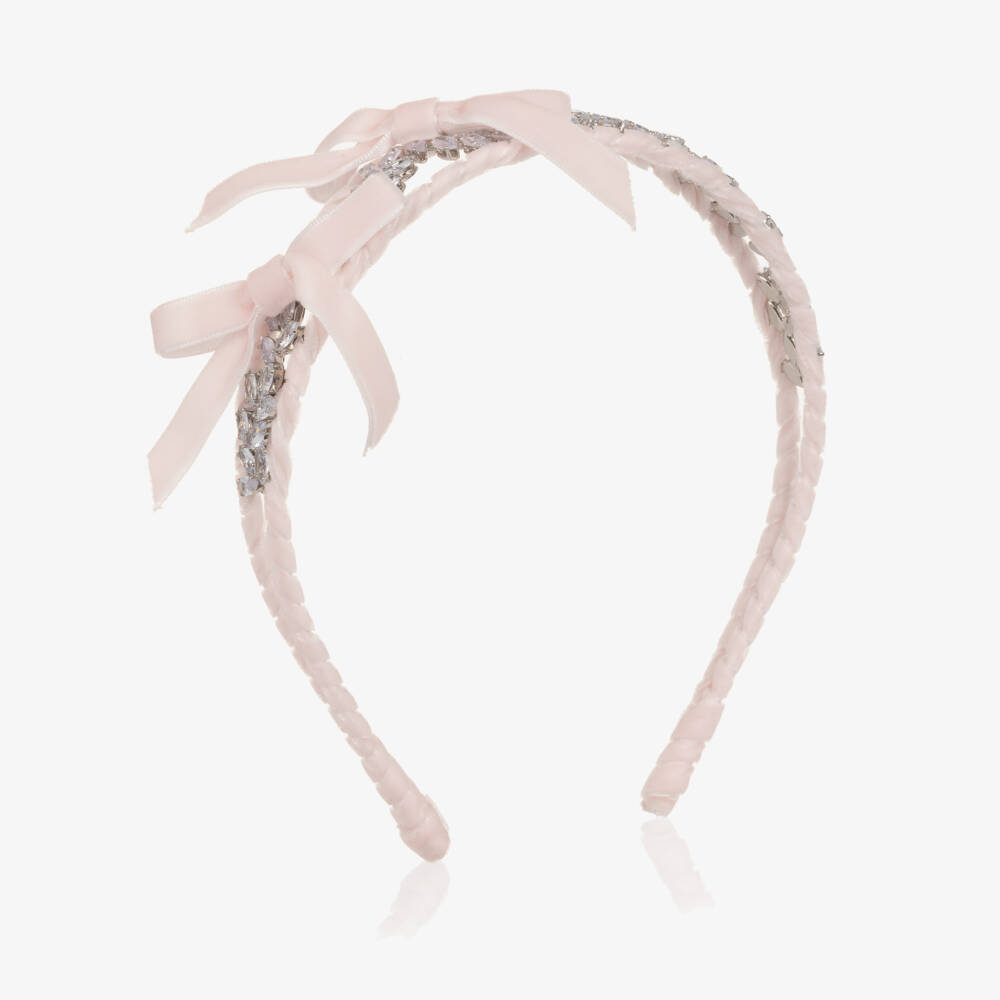 Monnalisa-Girls Pale Pink Velvet Bow & Silver Leaf Hairband | Childrensalon Outlet