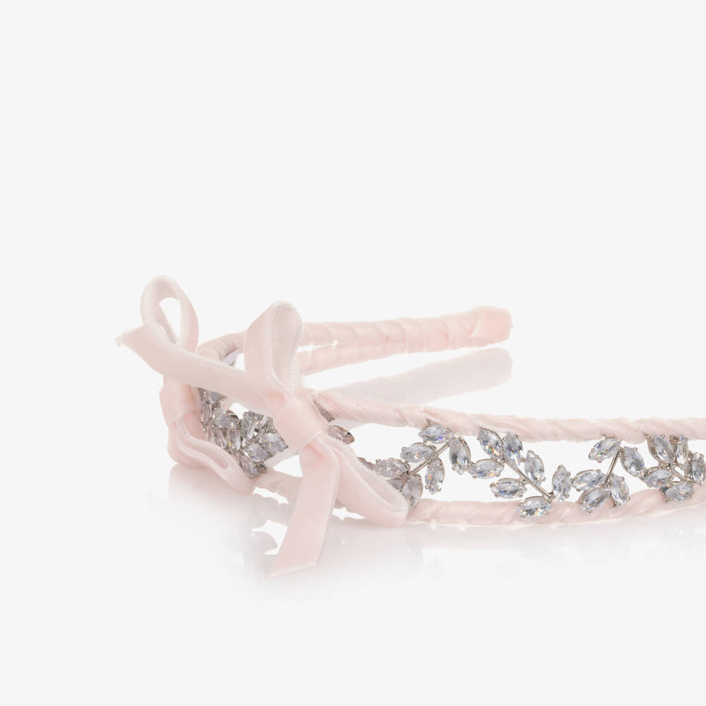 Monnalisa-Girls Pale Pink Velvet Bow & Silver Leaf Hairband | Childrensalon Outlet