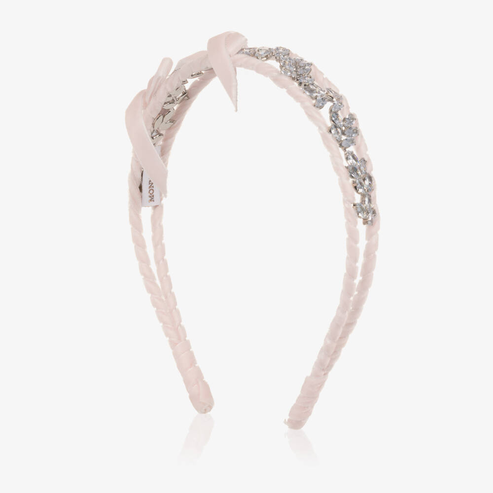 Monnalisa-Girls Pale Pink Velvet Bow & Silver Leaf Hairband | Childrensalon Outlet
